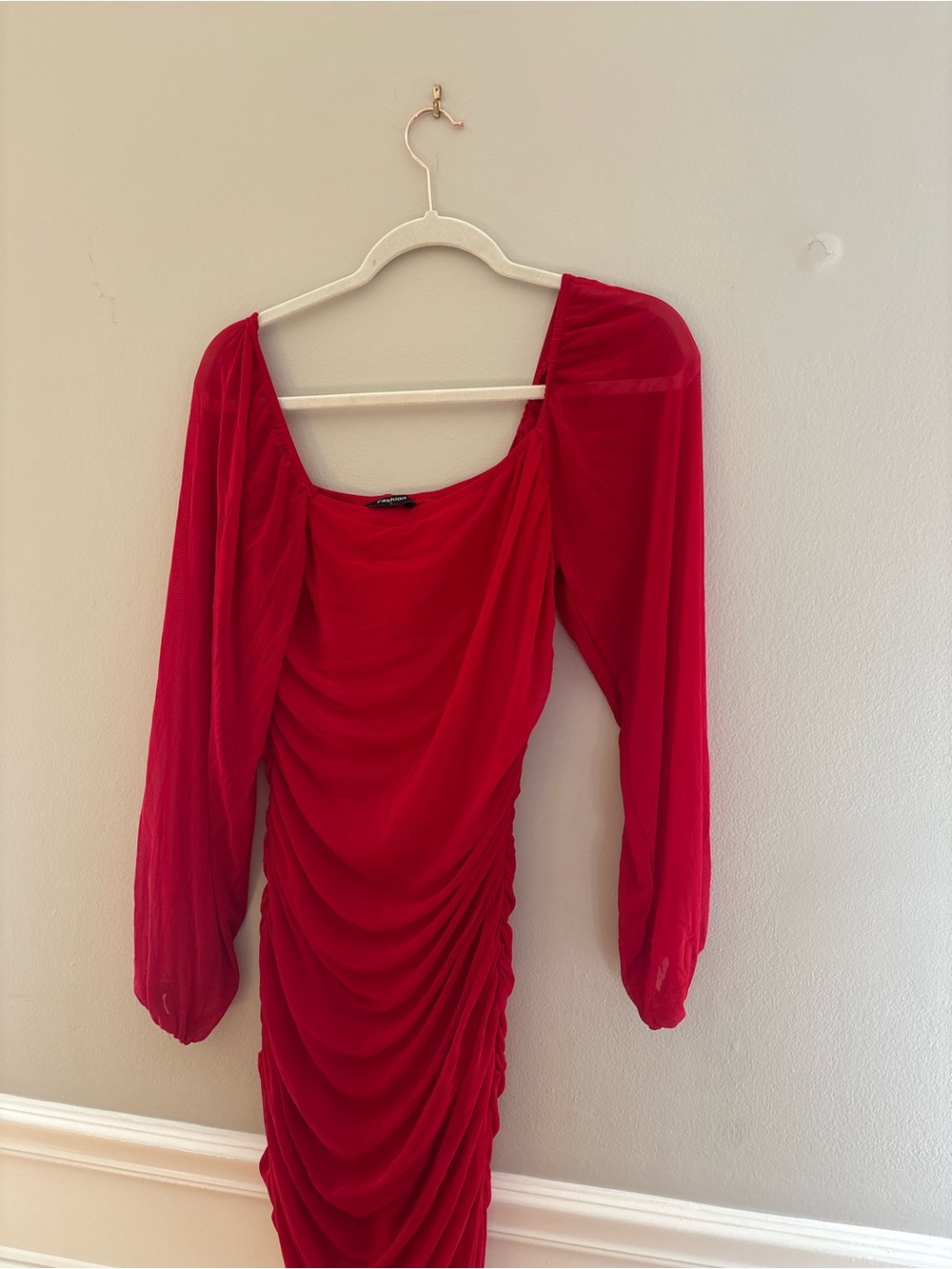 Amazon Red Ruched Long-Sleeve Mini Dress